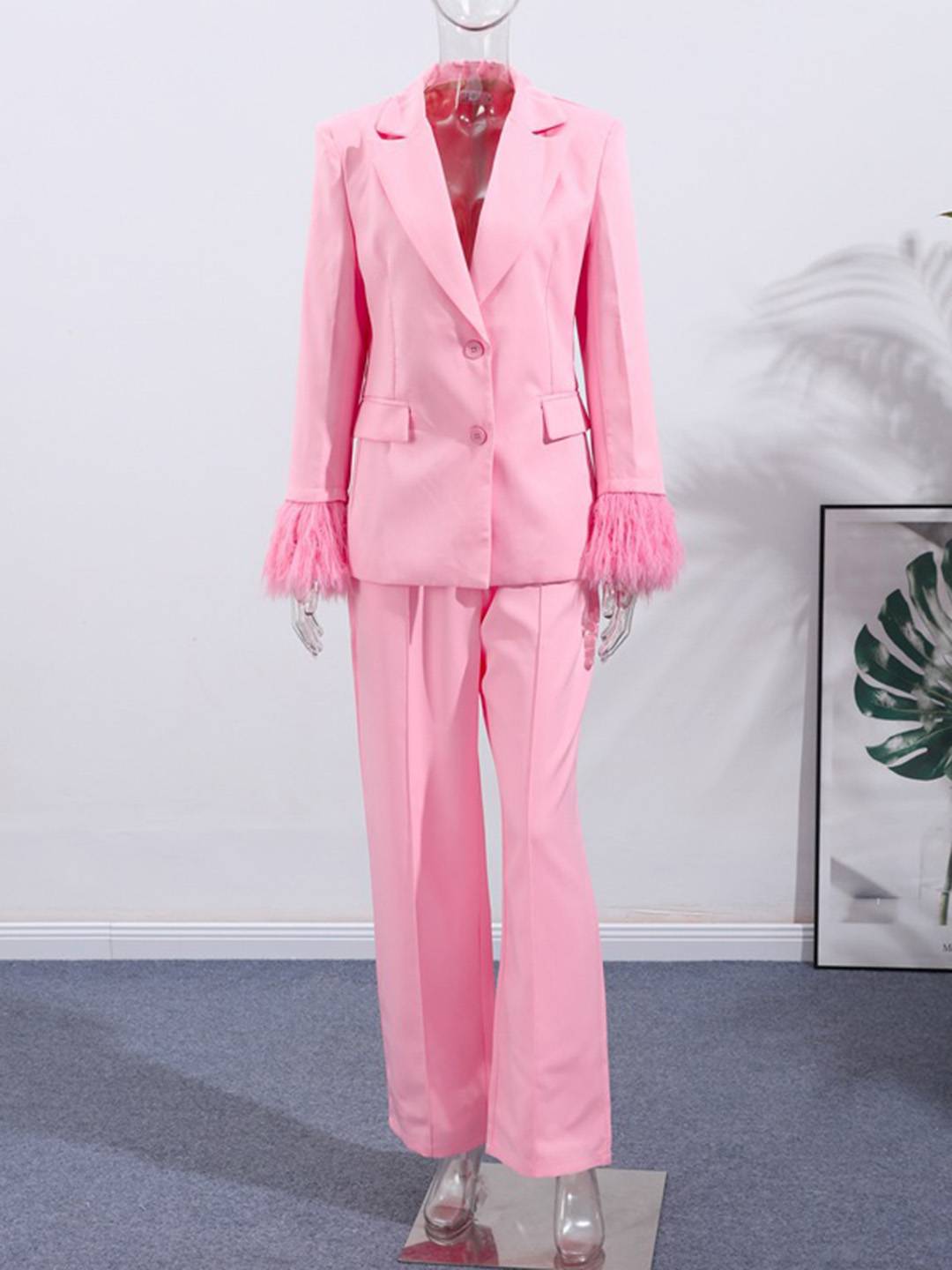 Cocolii ensembles femme blazer poches plume col revers manches longues et pantalon larges jambes évasé de soirée