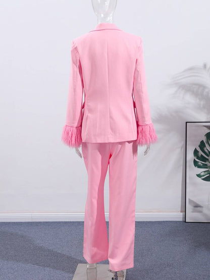 Cocolii ensembles femme blazer poches plume col revers manches longues et pantalon larges jambes évasé de soirée