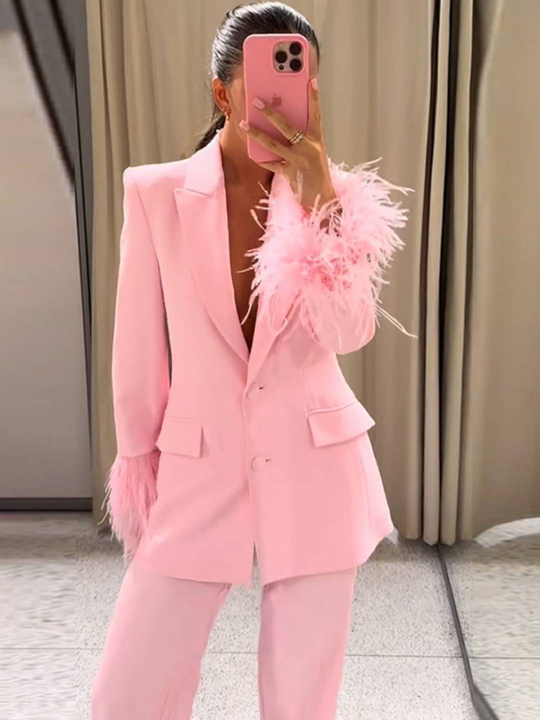 Cocolii ensembles femme blazer poches plume col revers manches longues et pantalon larges jambes évasé de soirée