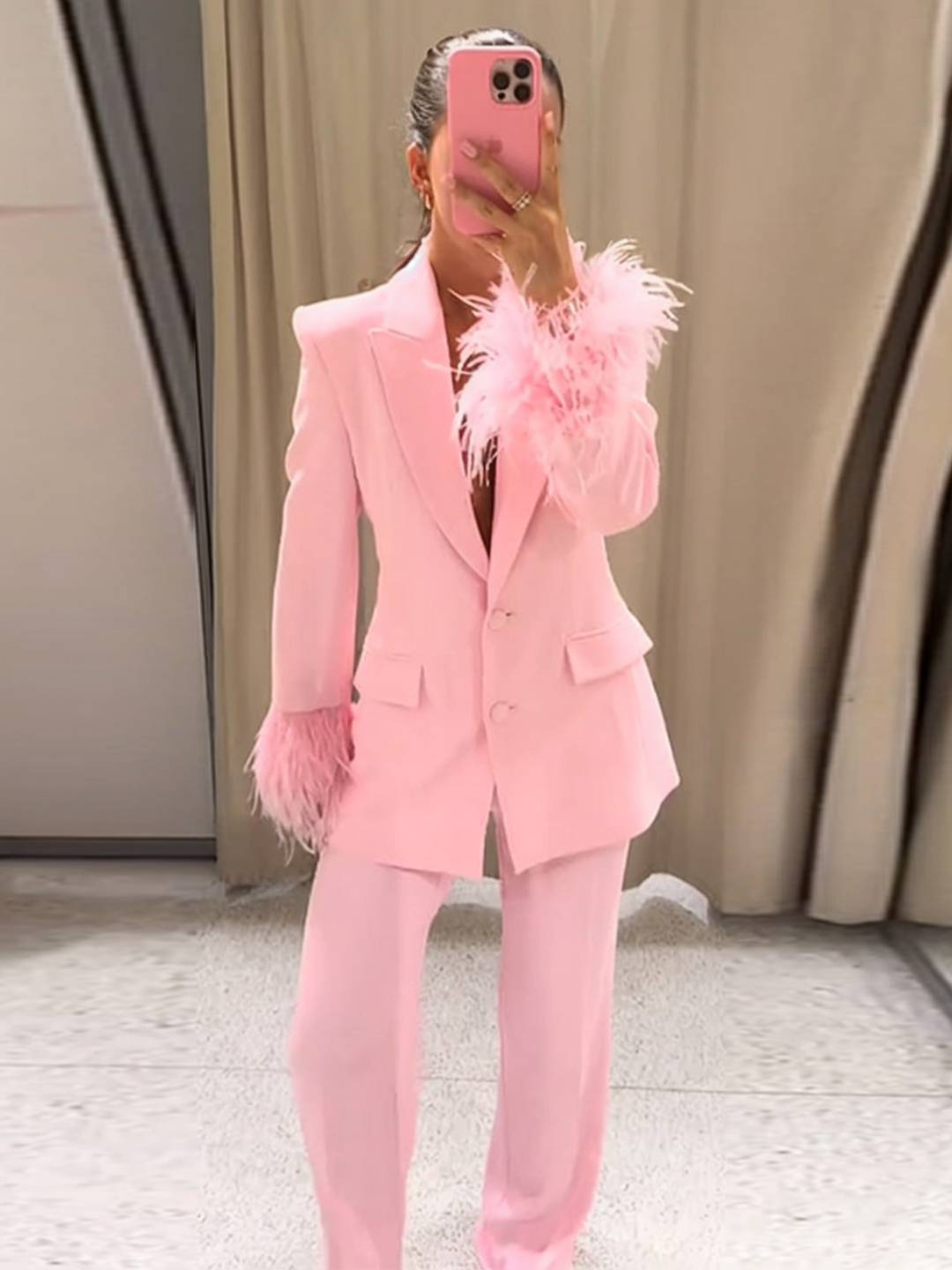 Cocolii ensembles femme blazer poches plume col revers manches longues et pantalon larges jambes évasé de soirée