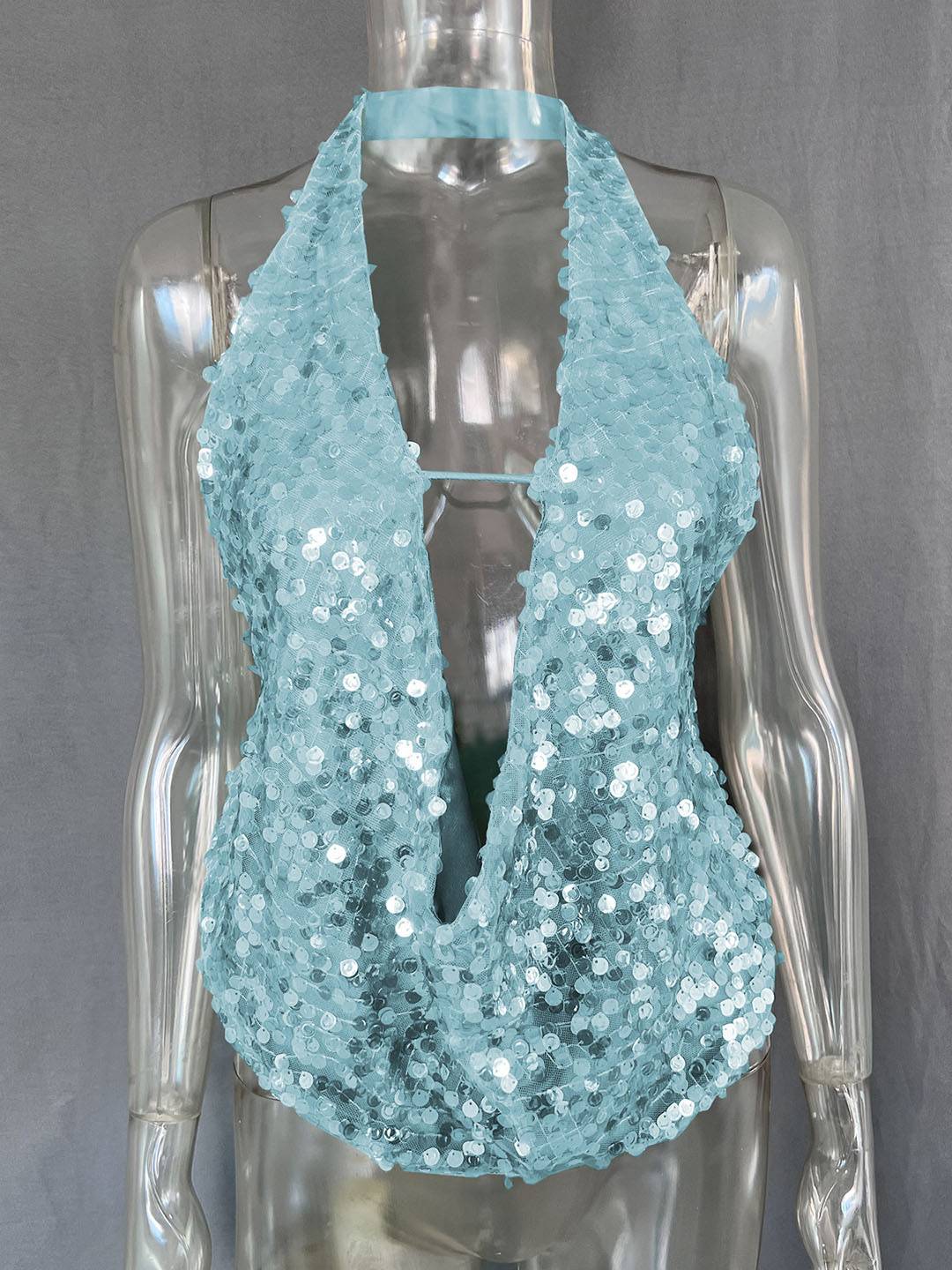 Cocolii débardeur brillante paillette décolleté plongeant dos nu sans manches femme casual décontracté hauts