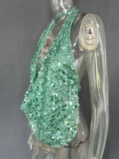 Cocolii débardeur brillante paillette décolleté plongeant dos nu sans manches femme casual décontracté hauts