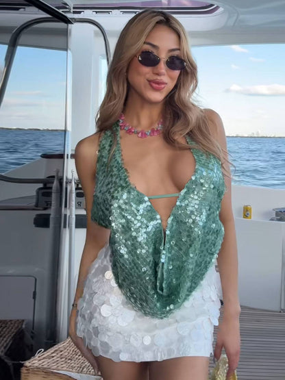 Cocolii débardeur brillante paillette décolleté plongeant dos nu sans manches femme casual décontracté hauts