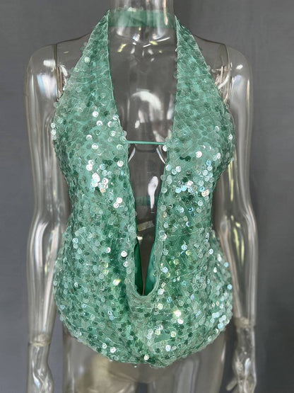 Cocolii débardeur brillante paillette décolleté plongeant dos nu sans manches femme casual décontracté hauts