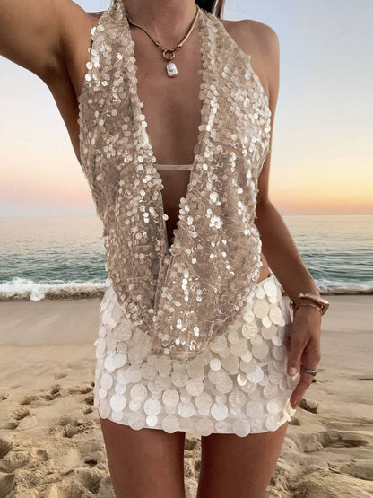 Cocolii débardeur brillante paillette décolleté plongeant dos nu sans manches femme casual décontracté hauts