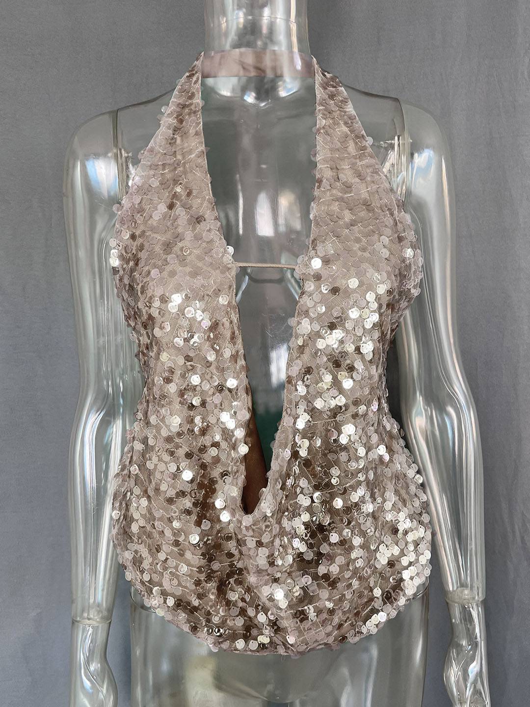 Cocolii débardeur brillante paillette décolleté plongeant dos nu sans manches femme casual décontracté hauts