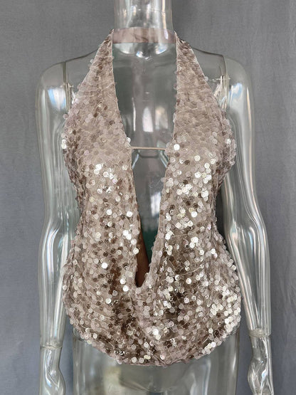 Cocolii débardeur brillante paillette décolleté plongeant dos nu sans manches femme casual décontracté hauts