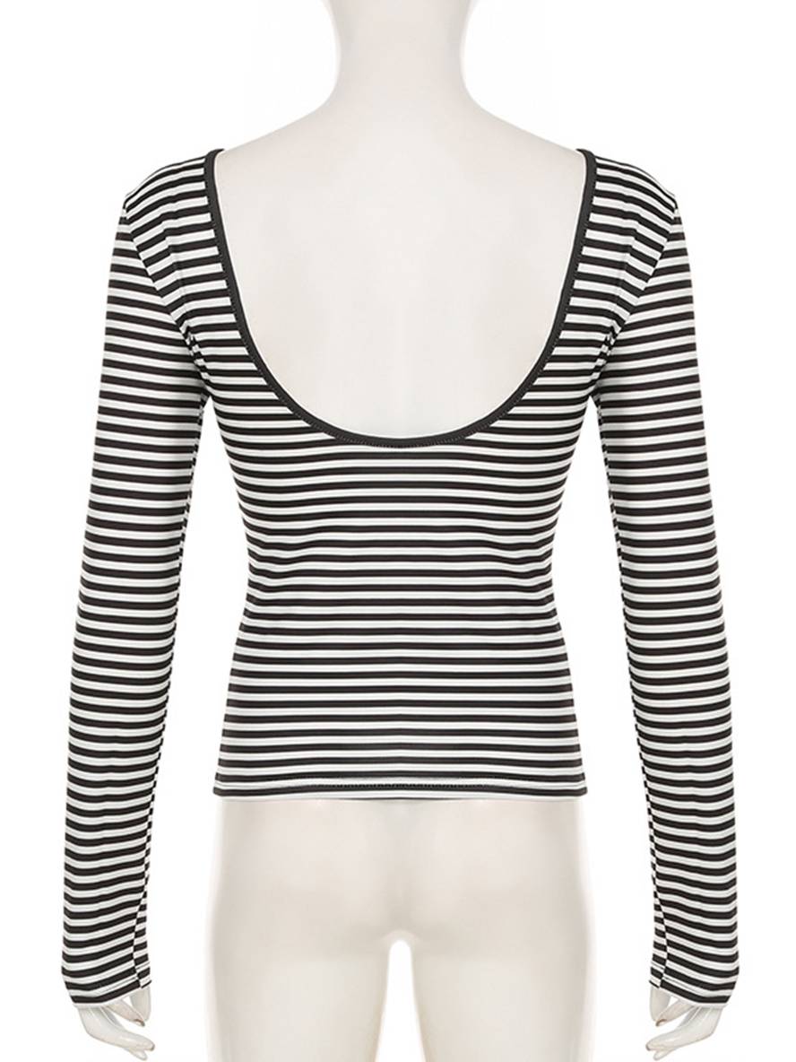 Cocolii t-shirt rayé dos nu col rond manches longues femme élégant décontracté mode casual hauts