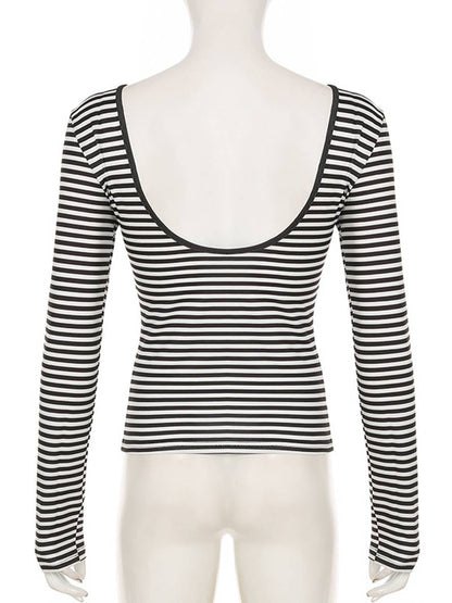 Cocolii t-shirt rayé dos nu col rond manches longues femme élégant décontracté mode casual hauts