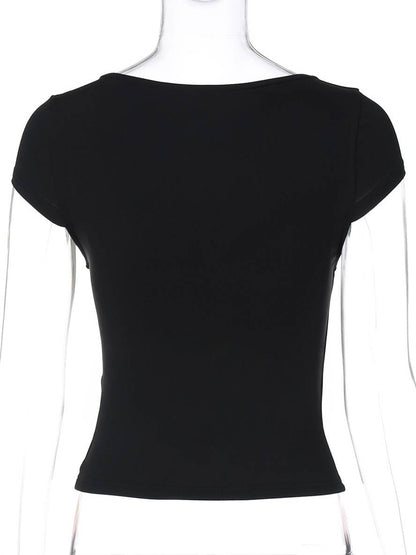 Cocolii t-shirt cropped moulante unicolore v-cou manches courtes femme simple décontracté mode casual hauts