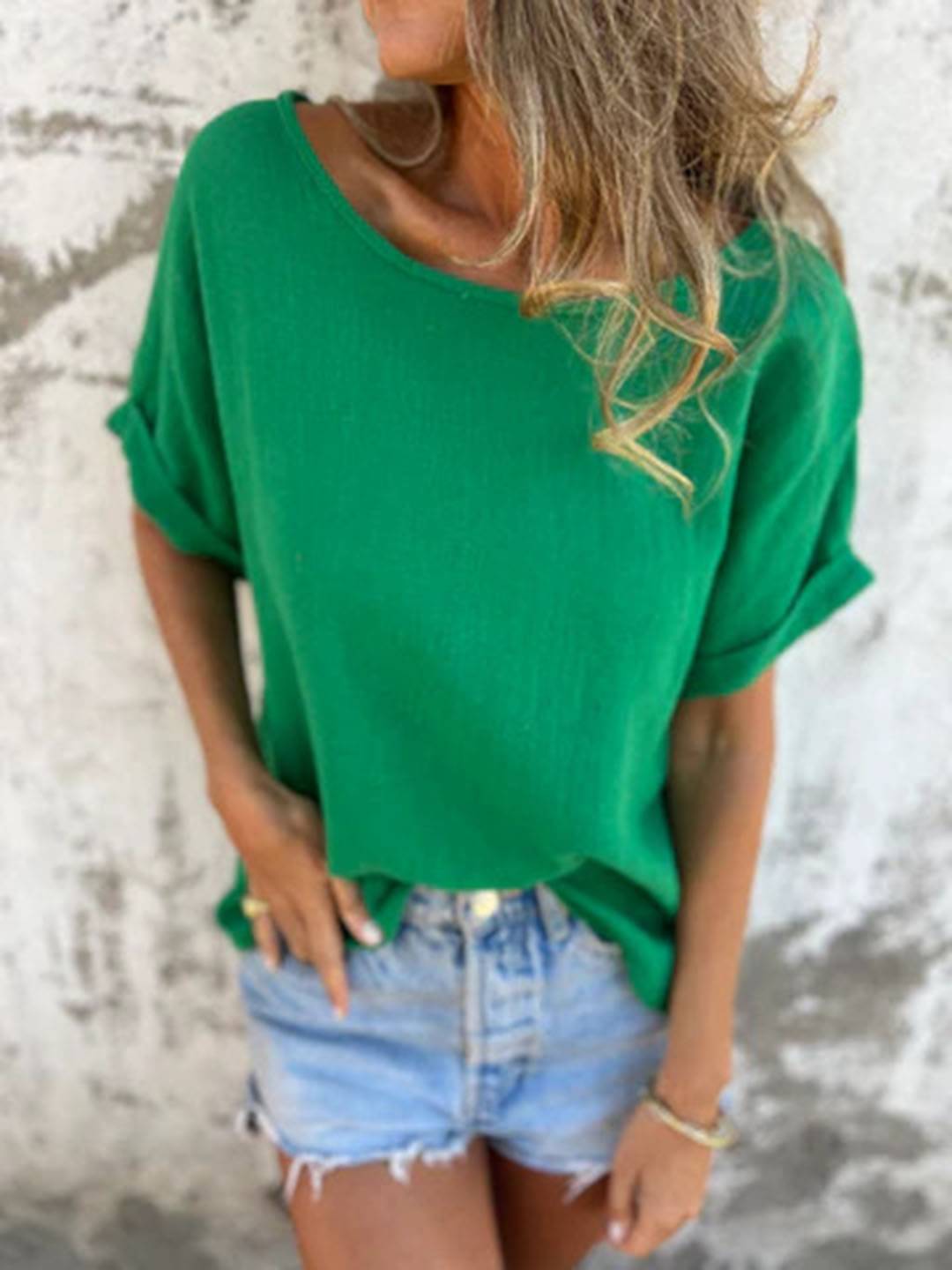 Cocolii t-shirt unicolore coton lin col rond manches courtes femme simple décontracté mode casual hauts