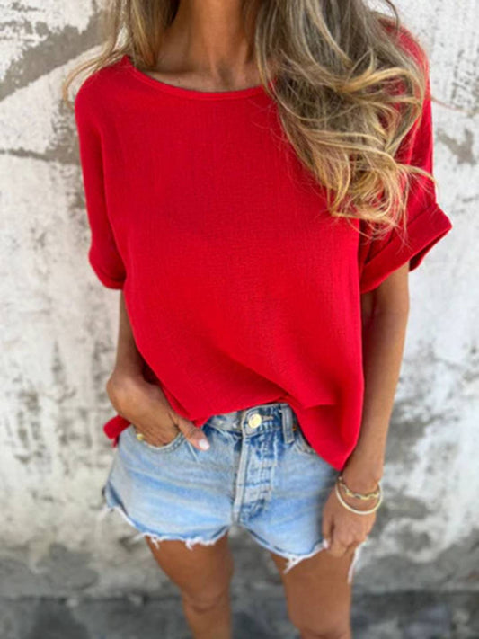 Cocolii t-shirt unicolore coton lin col rond manches courtes femme simple décontracté mode casual hauts