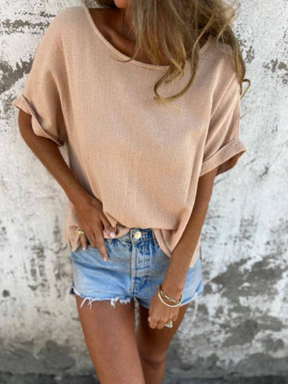 Cocolii t-shirt unicolore coton lin col rond manches courtes femme simple décontracté mode casual hauts