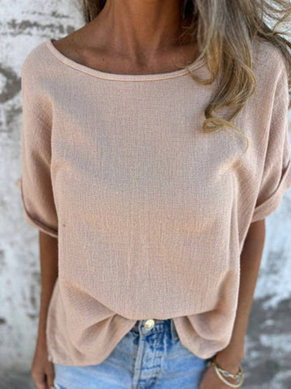 Cocolii t-shirt unicolore coton lin col rond manches courtes femme simple décontracté mode casual hauts