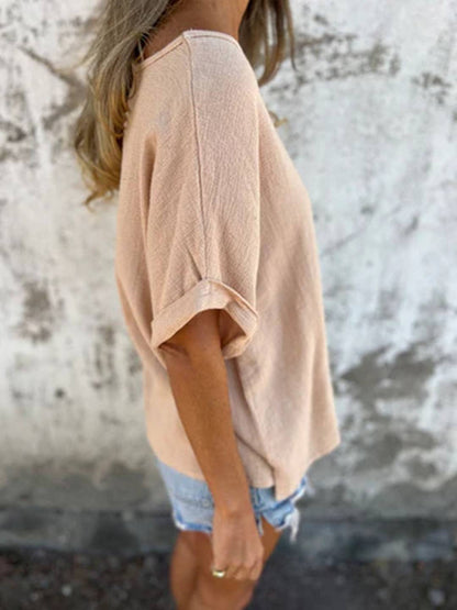 Cocolii t-shirt unicolore coton lin col rond manches courtes femme simple décontracté mode casual hauts