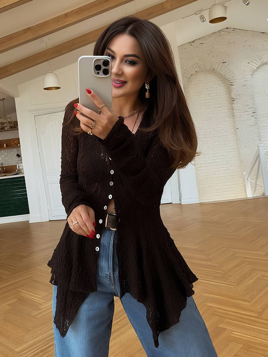 Cocolii chemisier femme dentelle v-cou irrégulière boutonnage manches longues doux élégant boho décontracté hauts cardigan