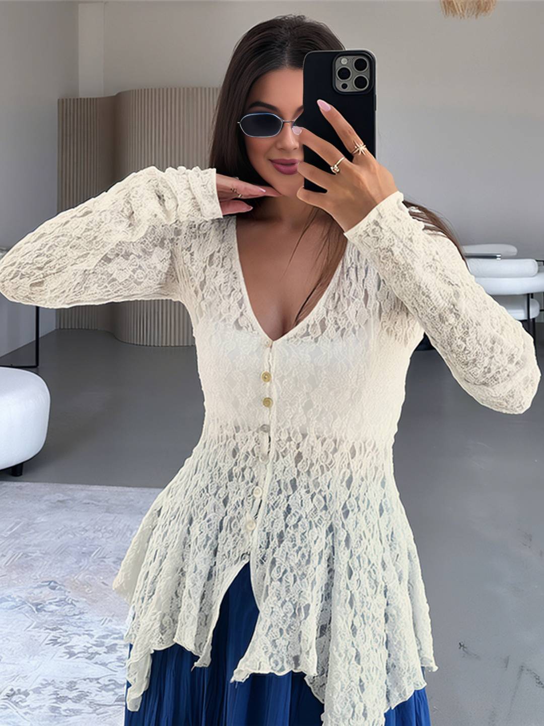 Cocolii chemisier femme dentelle v-cou irrégulière boutonnage manches longues doux élégant boho décontracté hauts cardigan