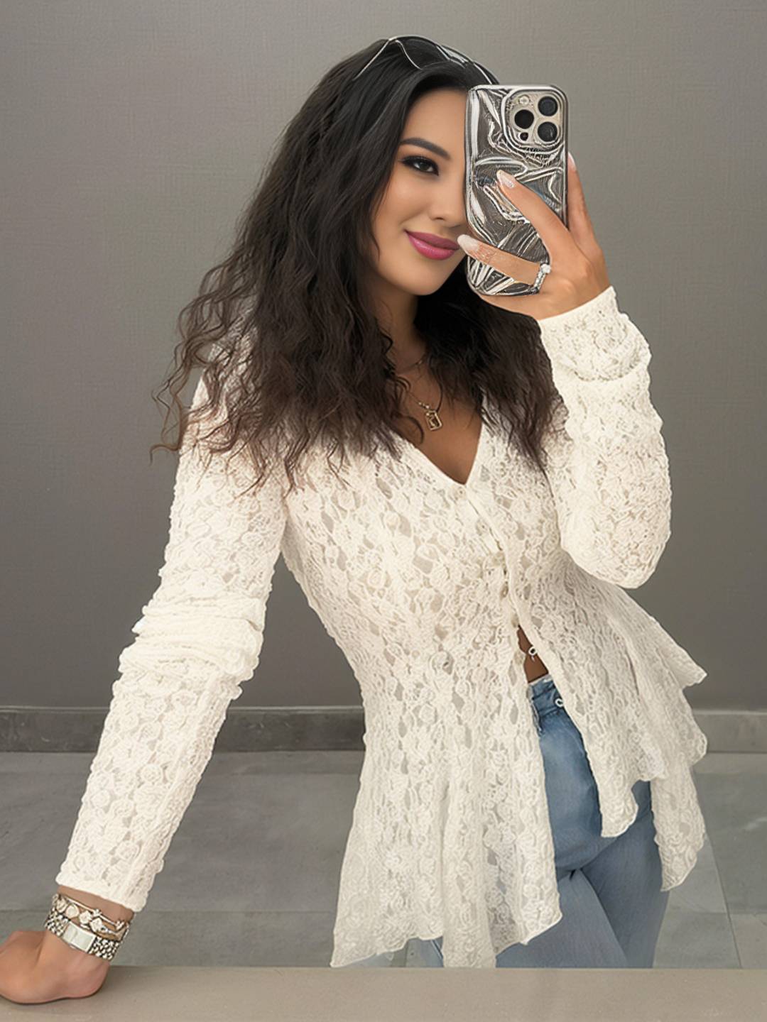 Cocolii chemisier femme dentelle v-cou irrégulière boutonnage manches longues doux élégant boho décontracté hauts cardigan