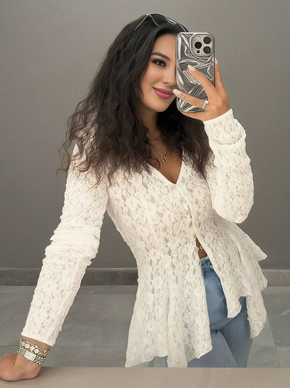 Cocolii chemisier femme dentelle v-cou irrégulière boutonnage manches longues doux élégant boho décontracté hauts cardigan