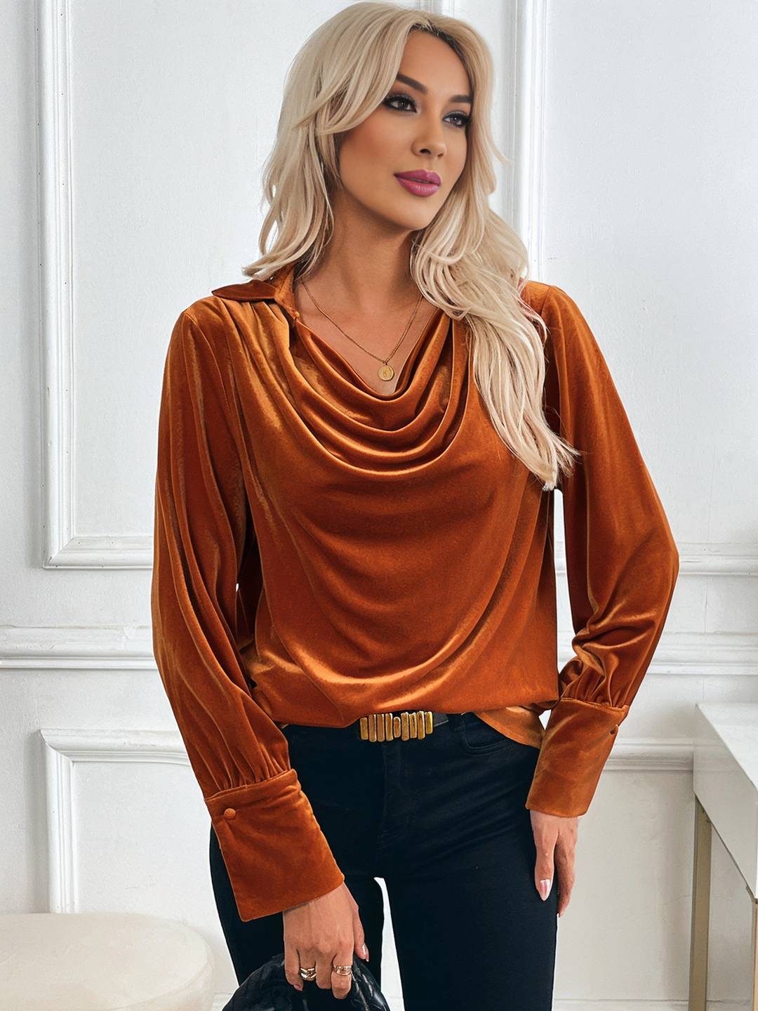 Cocolii hauts femme velours col bénitier manches longues élégant vintage décontracté automne hiver pullover travail