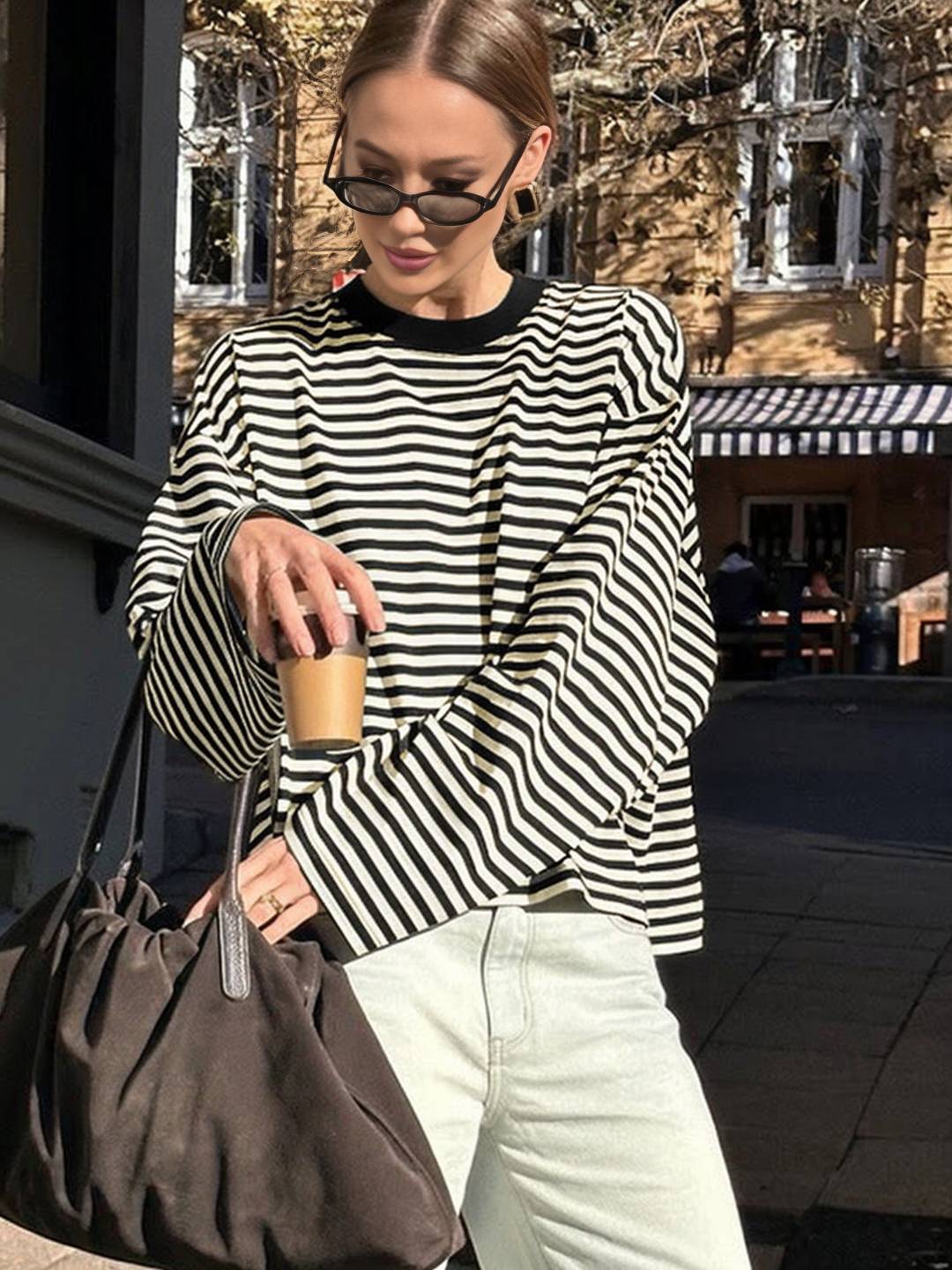 Cocolii rouge et blanche femme rayé t-shirt col rond manches longues décontracté ample casual haut marinière femme