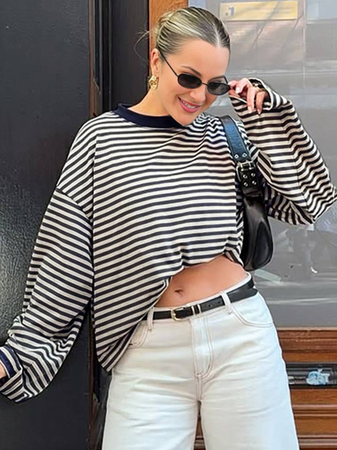 Cocolii rouge et blanche femme rayé t-shirt col rond manches longues décontracté ample casual haut marinière femme