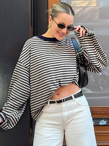 Cocolii rouge et blanche femme rayé t-shirt col rond manches longues décontracté ample casual haut marinière femme