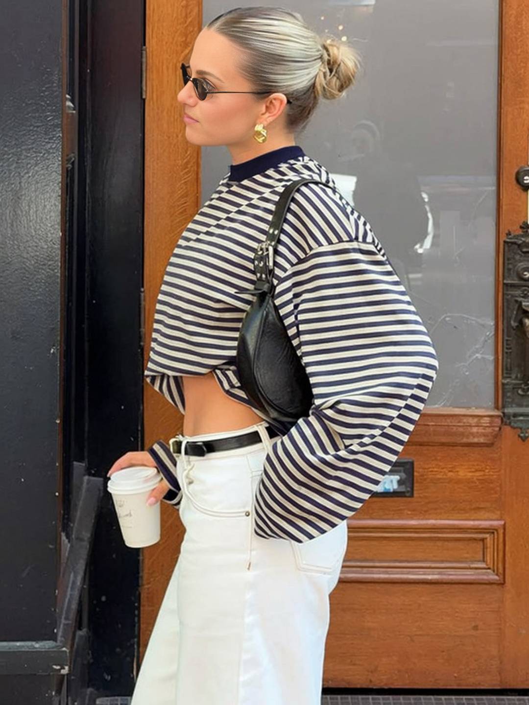 Cocolii rouge et blanche femme rayé t-shirt col rond manches longues décontracté ample casual haut marinière femme