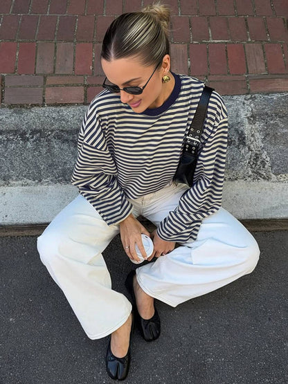 Cocolii rouge et blanche femme rayé t-shirt col rond manches longues décontracté ample casual haut marinière femme