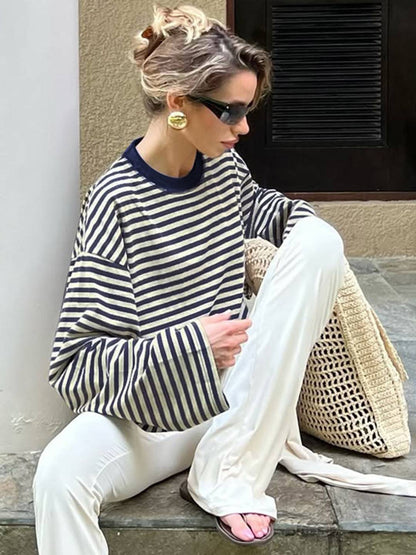 Cocolii rouge et blanche femme rayé t-shirt col rond manches longues décontracté ample casual haut marinière femme