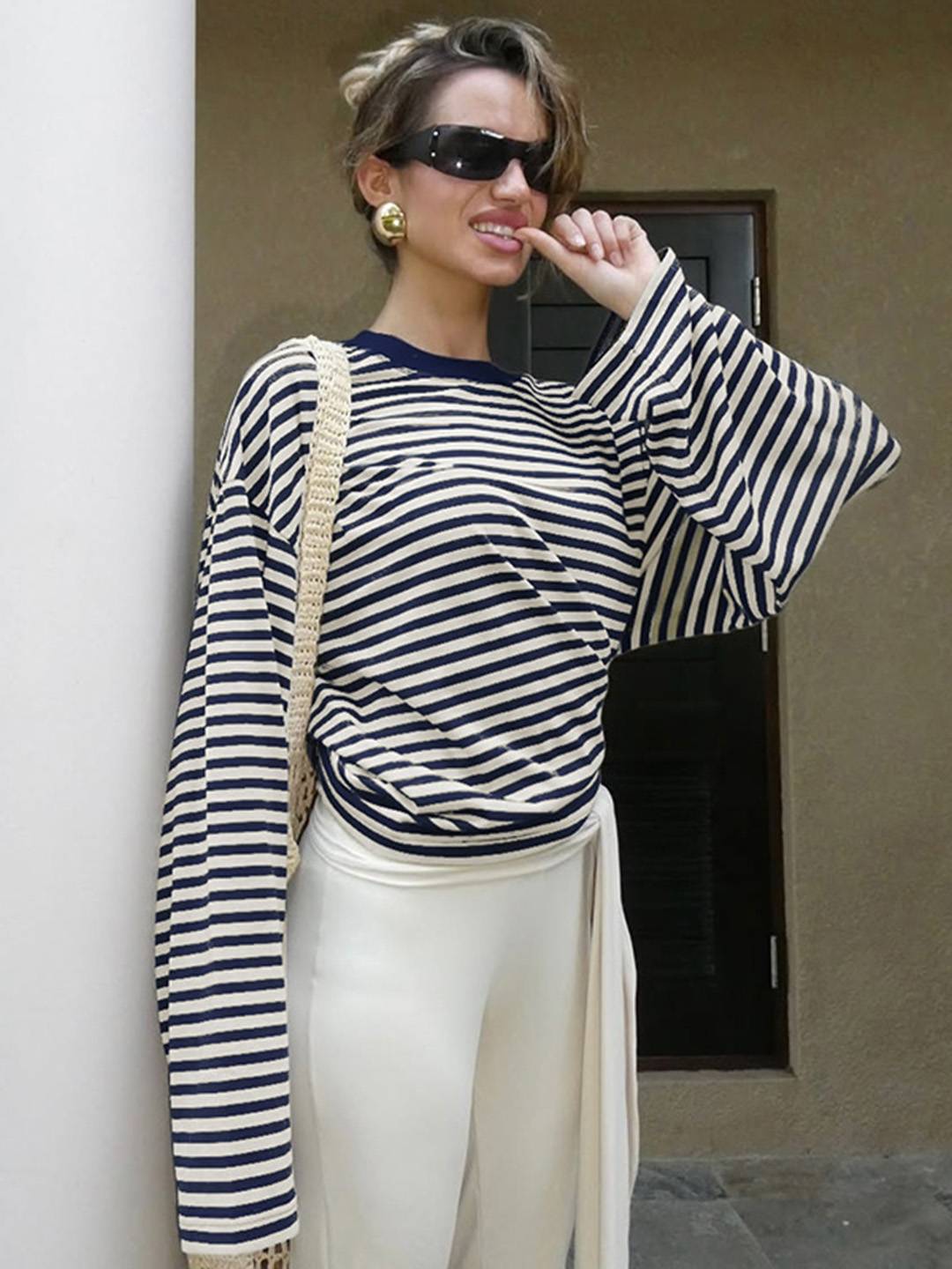 Cocolii rouge et blanche femme rayé t-shirt col rond manches longues décontracté ample casual haut marinière femme