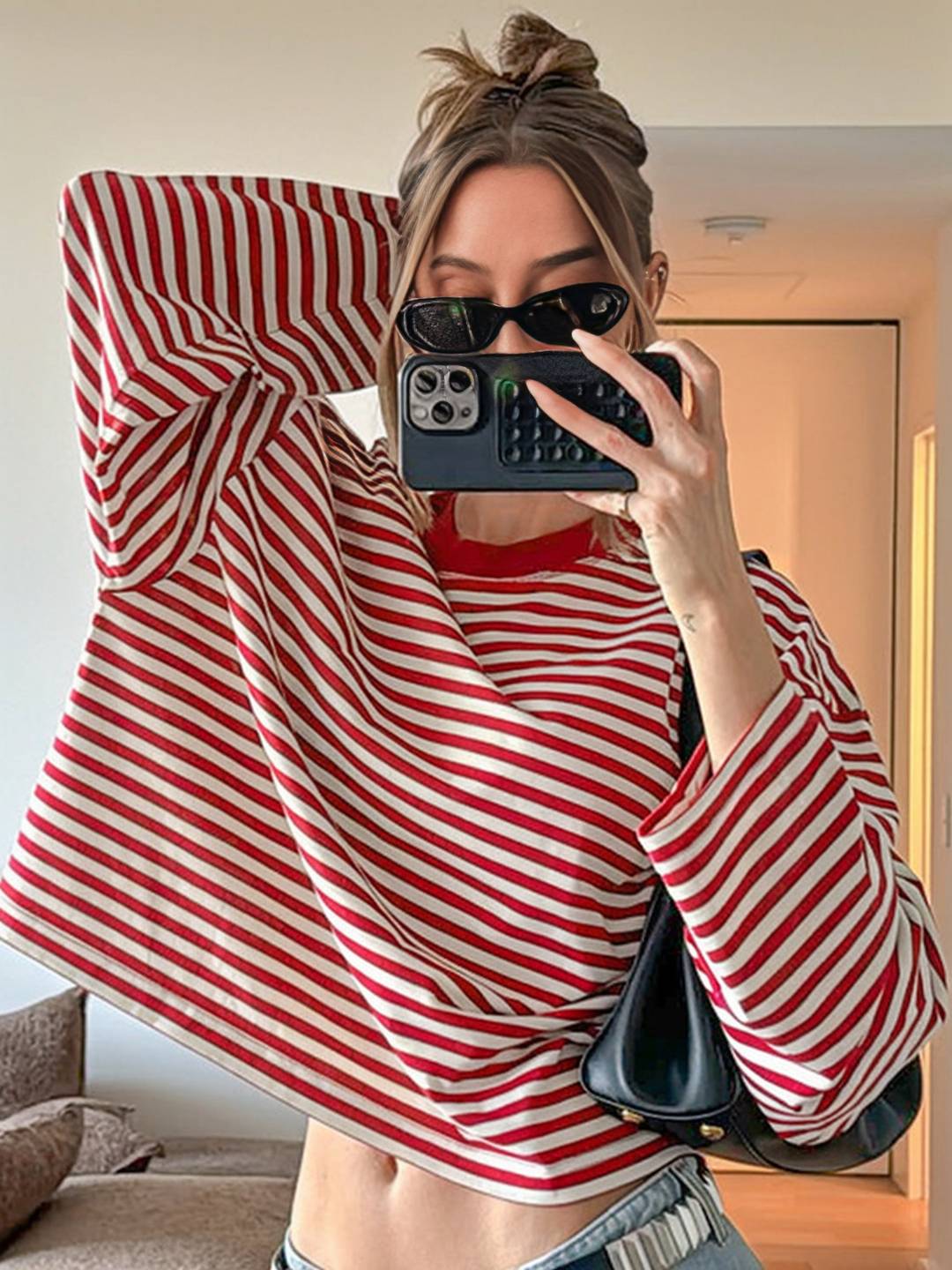 Cocolii rouge et blanche femme rayé t-shirt col rond manches longues décontracté ample casual haut marinière femme