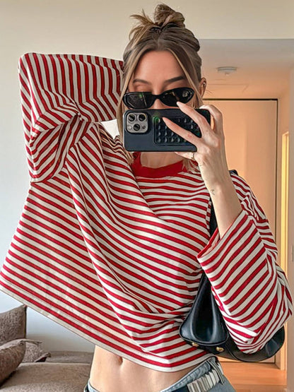 Cocolii rouge et blanche femme rayé t-shirt col rond manches longues décontracté ample casual haut marinière femme