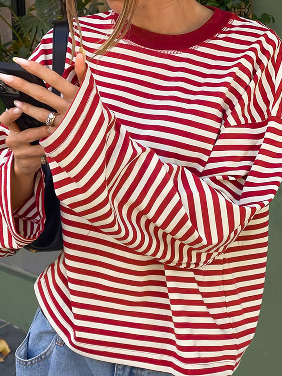 Cocolii rouge et blanche femme rayé t-shirt col rond manches longues décontracté ample casual haut marinière femme