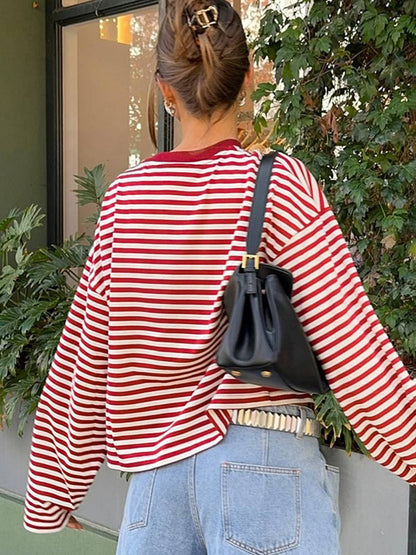 Cocolii rouge et blanche femme rayé t-shirt col rond manches longues décontracté ample casual haut marinière femme