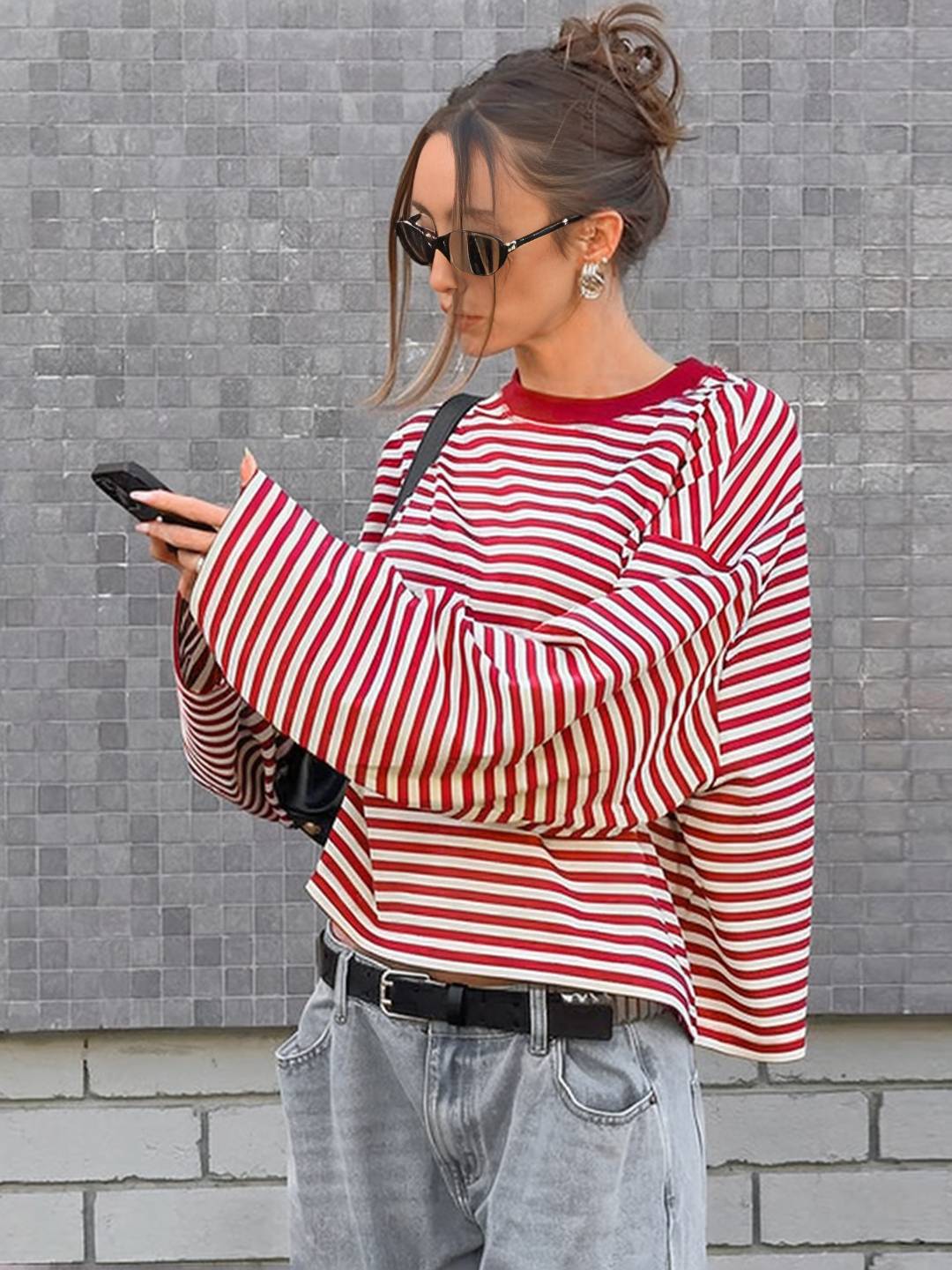 Cocolii rouge et blanche femme rayé t-shirt col rond manches longues décontracté ample casual haut marinière femme