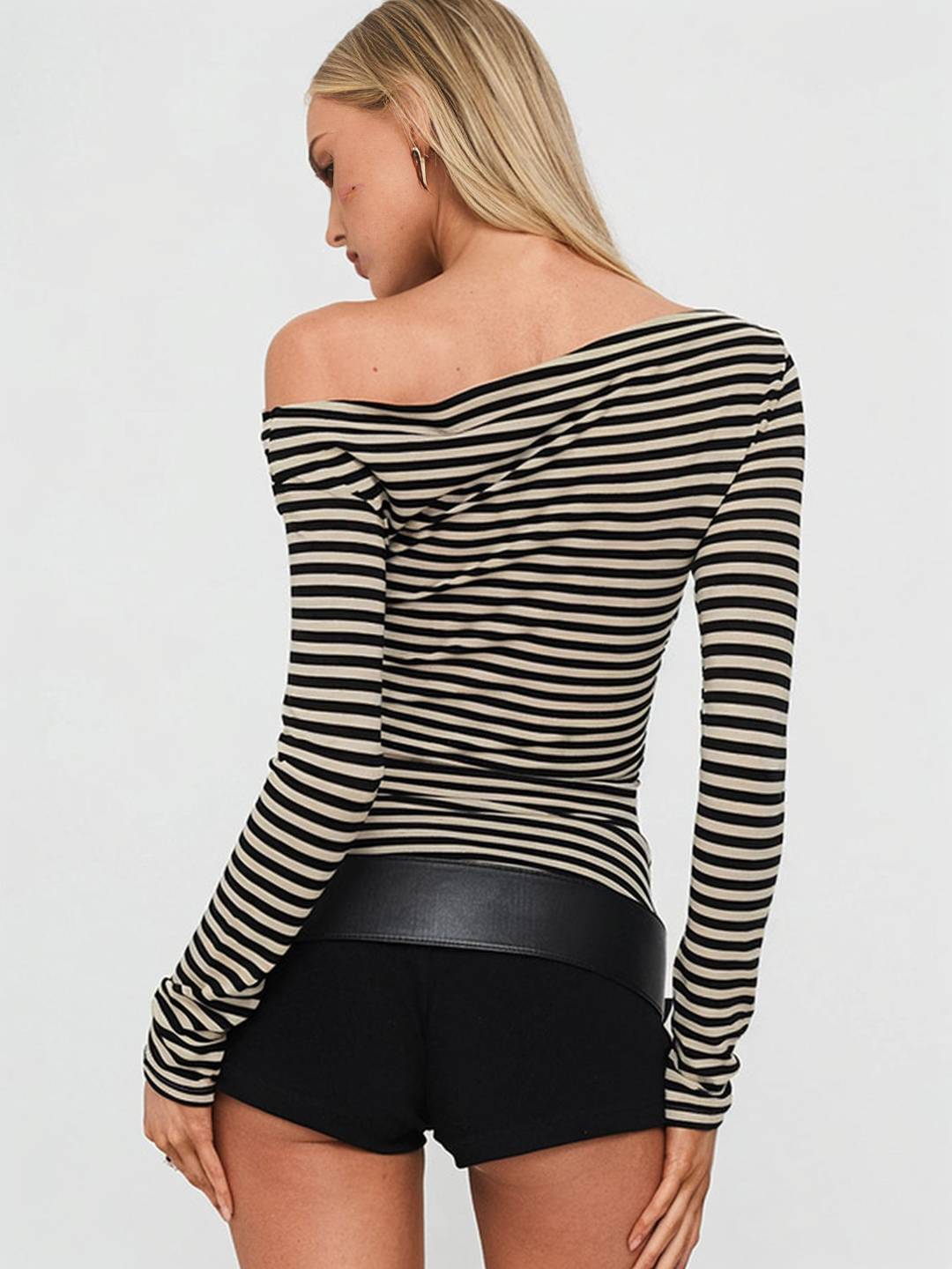 Cocolii hauts t-shirt rayé une épaule manches longues femme élégant décontracté mode casual haut court slim fit chic