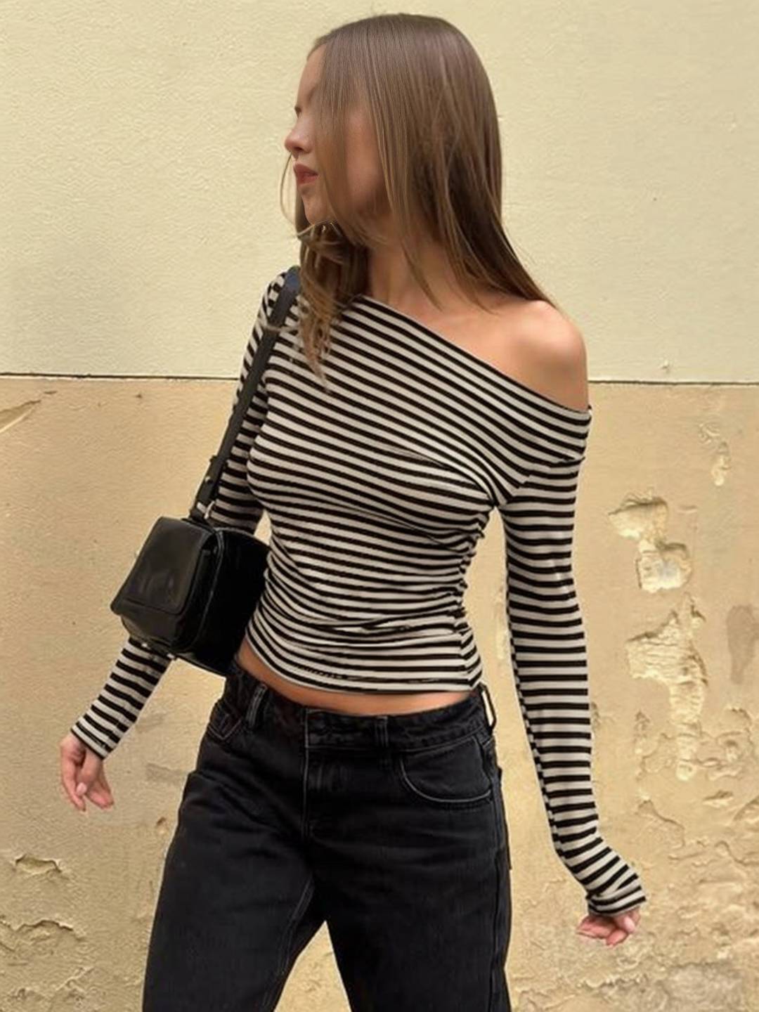 Cocolii hauts t-shirt rayé une épaule manches longues femme élégant décontracté mode casual haut court slim fit chic