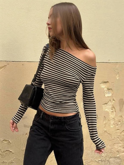 Cocolii hauts t-shirt rayé une épaule manches longues femme élégant décontracté mode casual haut court slim fit chic