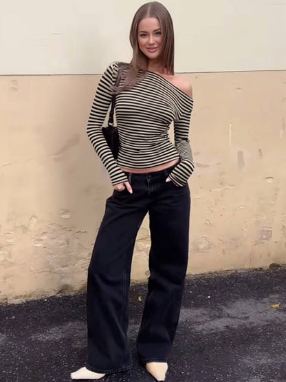 Cocolii hauts t-shirt rayé une épaule manches longues femme élégant décontracté mode casual haut court slim fit chic