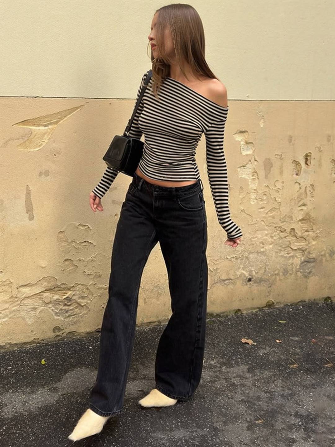 Cocolii hauts t-shirt rayé une épaule manches longues femme élégant décontracté mode casual haut court slim fit chic