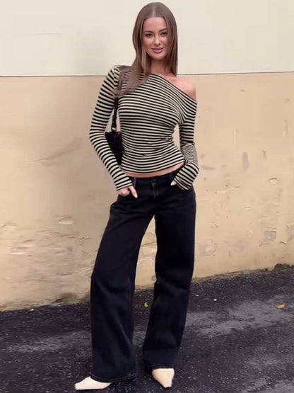 Cocolii hauts t-shirt rayé une épaule manches longues femme élégant décontracté mode casual haut court slim fit chic