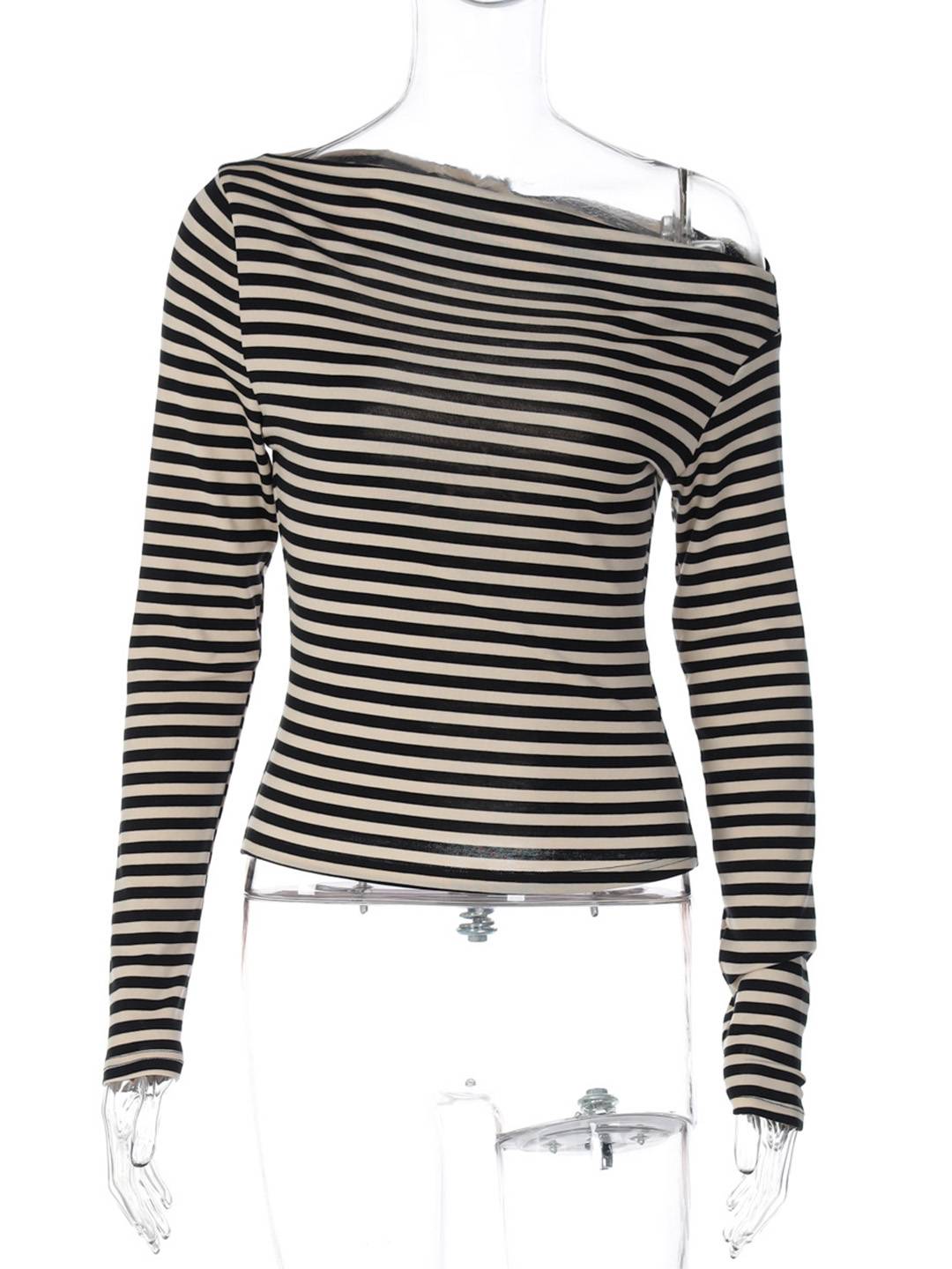 Cocolii hauts t-shirt rayé une épaule manches longues femme élégant décontracté mode casual haut court slim fit chic