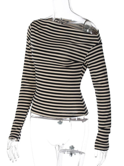 Cocolii hauts t-shirt rayé une épaule manches longues femme élégant décontracté mode casual haut court slim fit chic