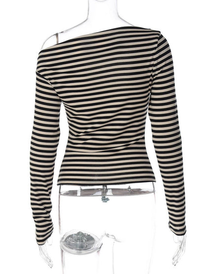 Cocolii hauts t-shirt rayé une épaule manches longues femme élégant décontracté mode casual haut court slim fit chic