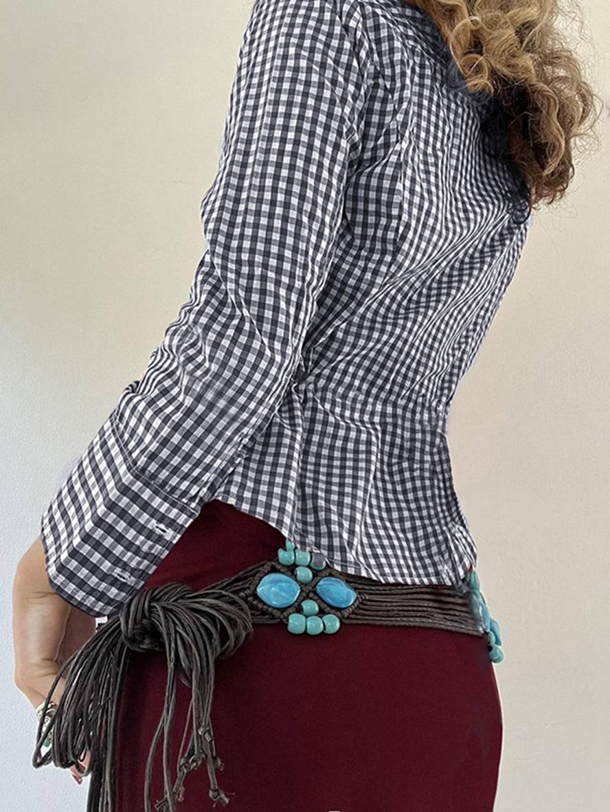 Cocolii blouse carreaux boutonnage col chemise manches longues femme élégant décontracté mode casual