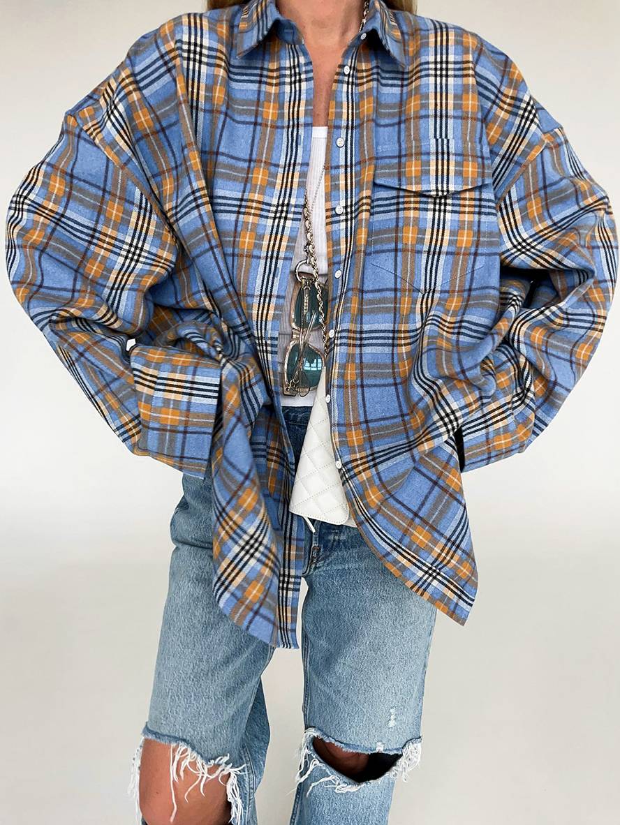 Cocolii surchemise femme carreaux boutonnage poches col chemise manches longues femme vintage décontracté oversized blouse