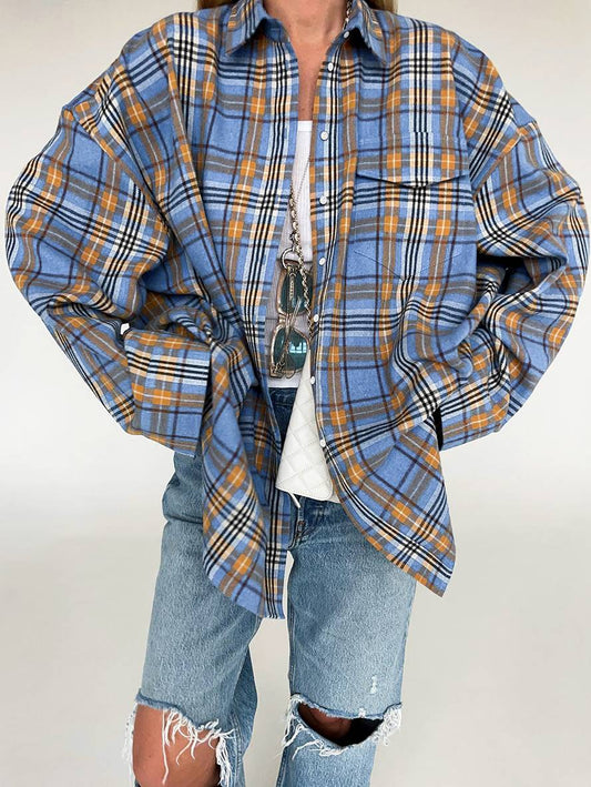 Cocolii surchemise femme carreaux boutonnage poches col chemise manches longues femme vintage décontracté oversized blouse