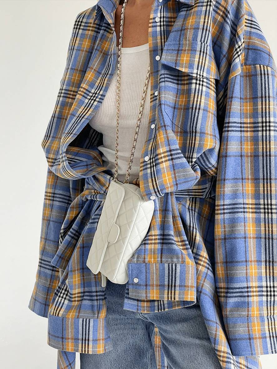 Cocolii surchemise femme carreaux boutonnage poches col chemise manches longues femme vintage décontracté oversized blouse