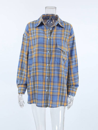 Cocolii surchemise femme carreaux boutonnage poches col chemise manches longues femme vintage décontracté oversized blouse